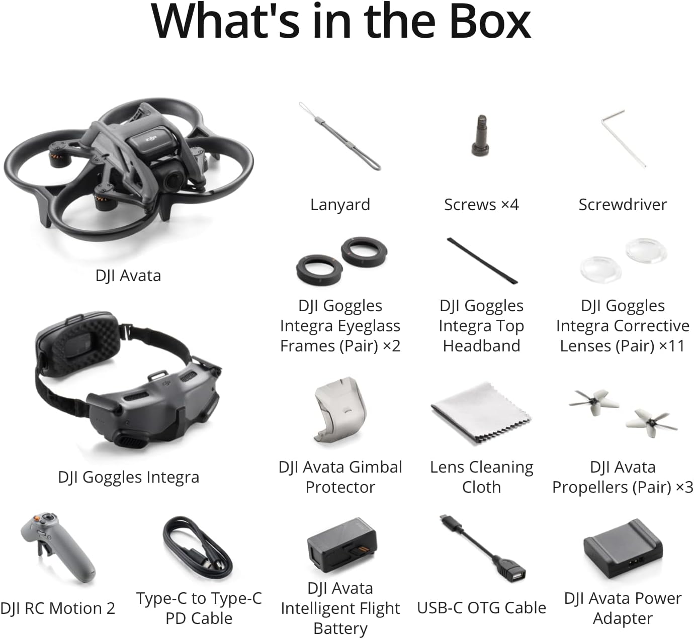 DJI Avata and accessories in the box, including goggles, battery, propellers, lenses, cables, and screwdriver kit