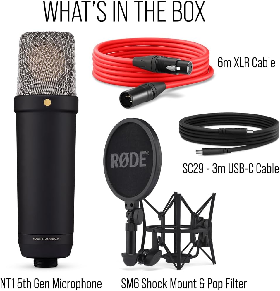 RØDE NT1 5th Gen Microphone set with XLR cable, USB-C cable, SM6 shock mount and pop filter