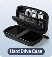 Hard drive case with compartments holding cables and gadgets, ideal for organised tech storage and protection