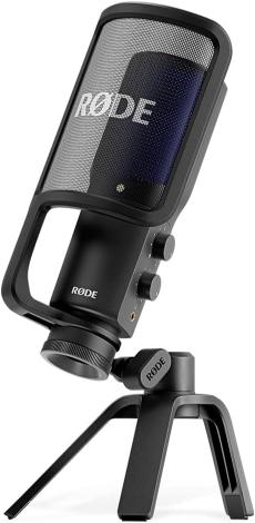Rode microphone on stand with adjustable knobs, ideal for professional recording and podcasting setups