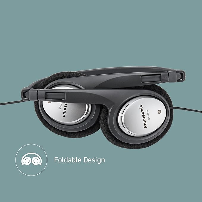 Foldable black and silver Panasonic headphones with cushioned ear pads on a grey background