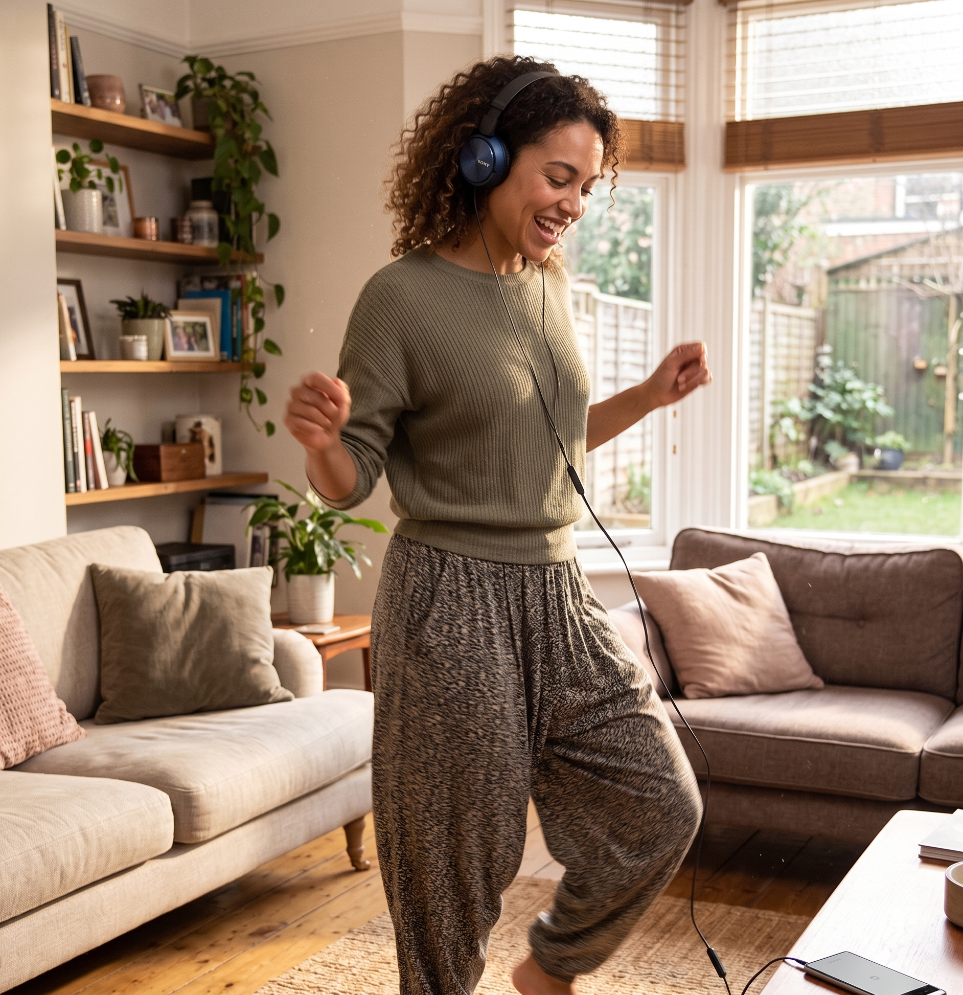 Woman dancing joyfully in living room with headphones on, surrounded by plants and cosy decor