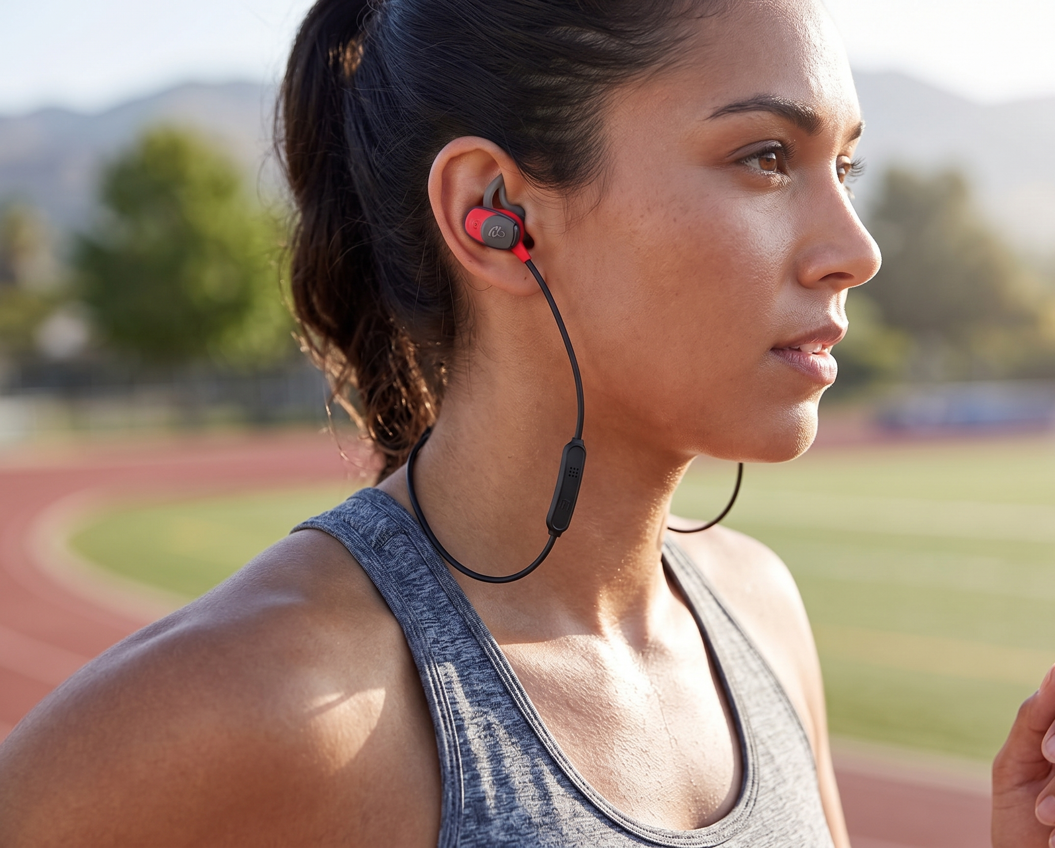 Woman wearing sports earphones jogging on track at a sunny outdoor stadium