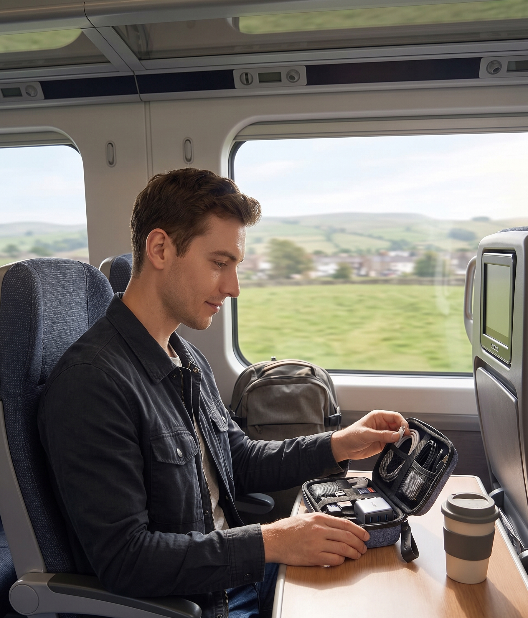 Young man organising tech gadgets on a train journey, with scenic countryside view outside the window