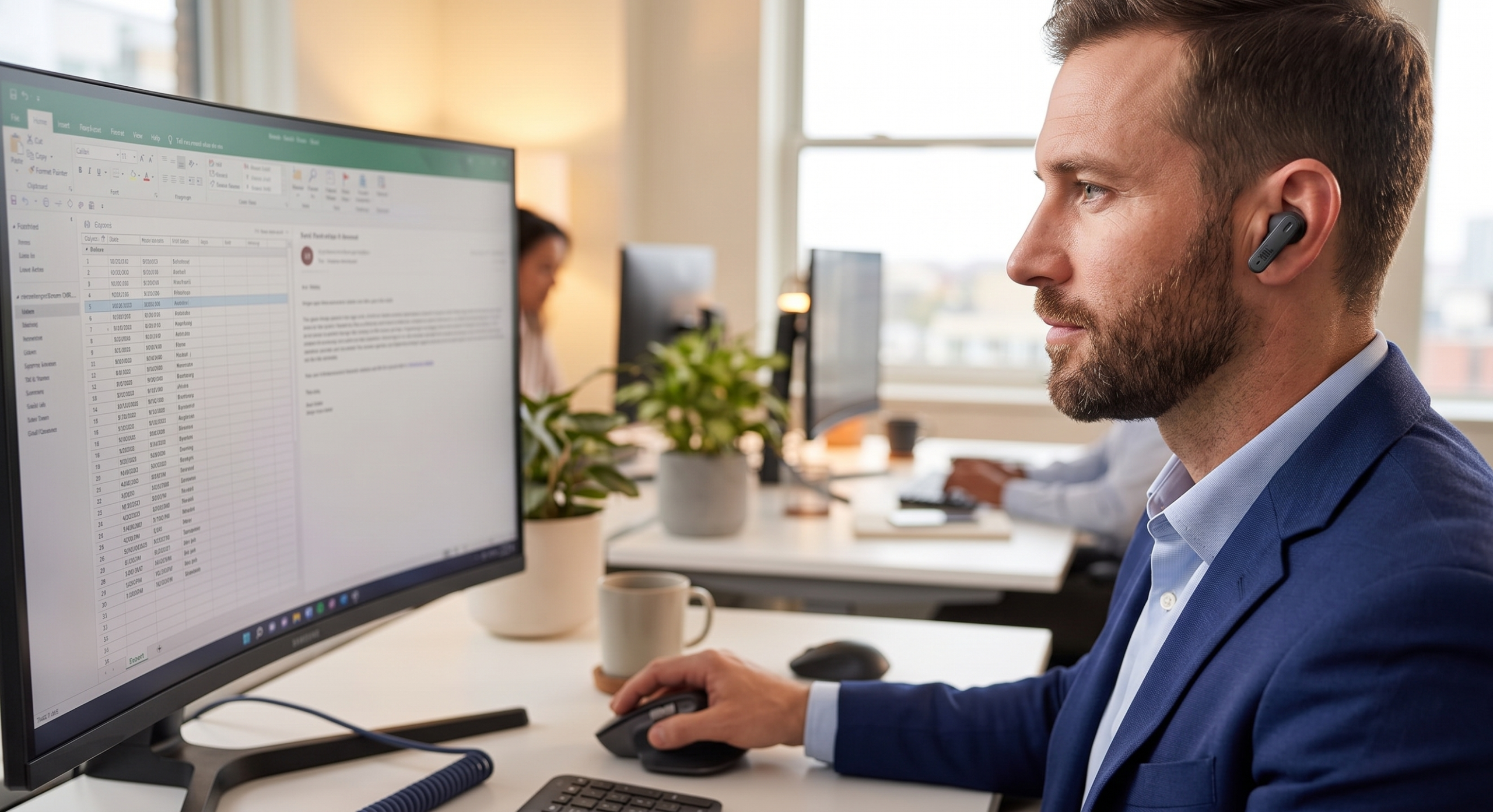 Man in office setting focusing on computer screen, wearing a business suit and wireless earphone, working on a spreadsheet