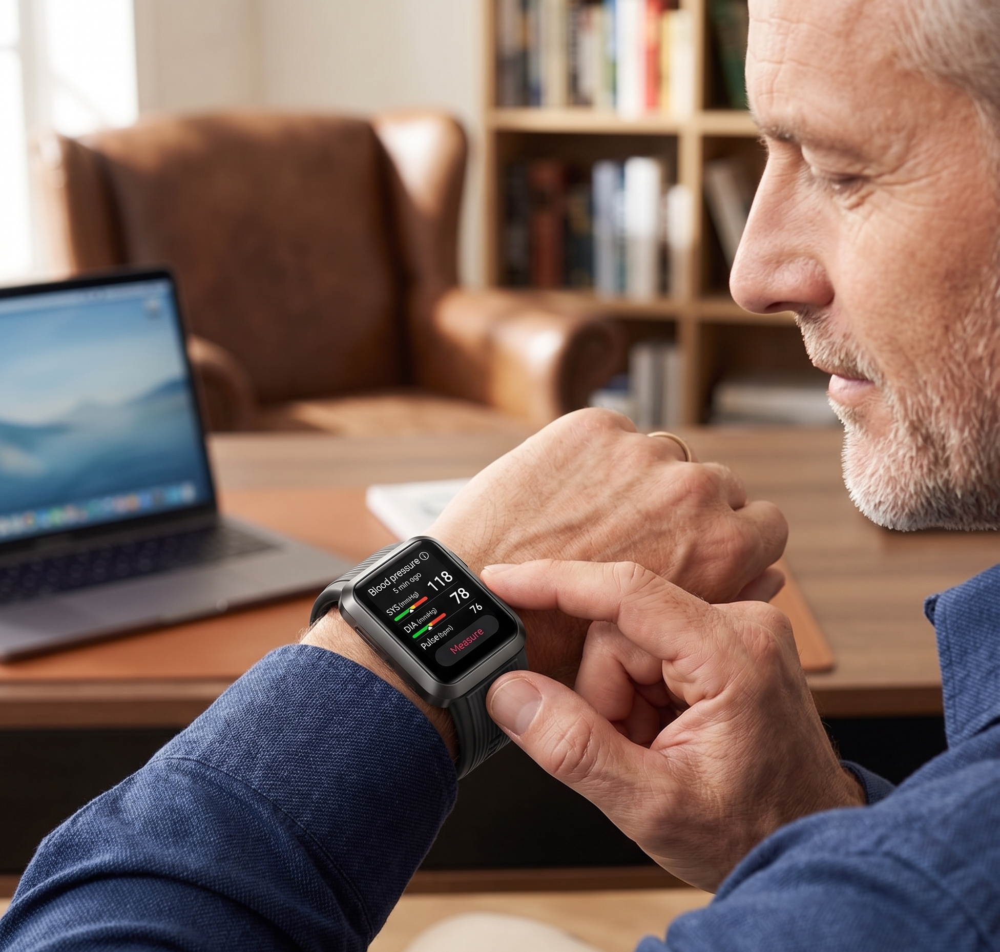 Man checks blood pressure on smartwatch in home office setting