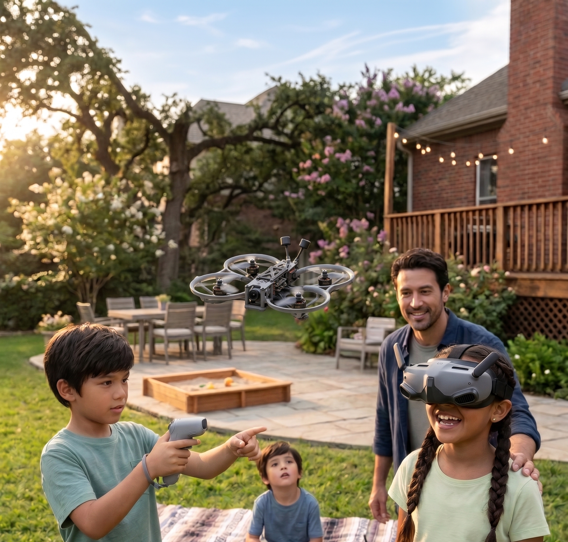 A family enjoys flying a drone in their garden on a sunny day, with children and adult interacting with the device