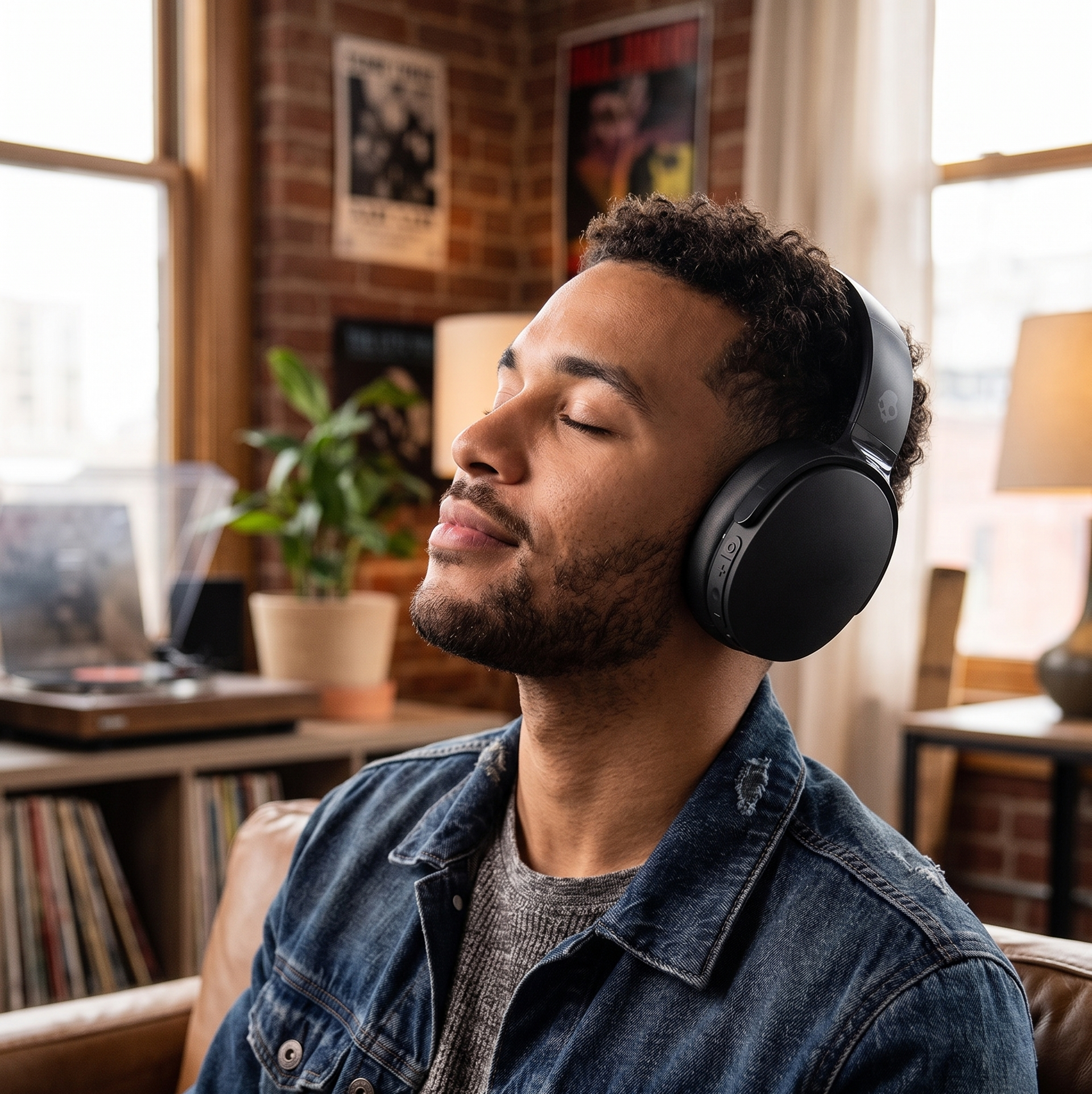 Man relaxing with wireless headphones in cosy living room setting