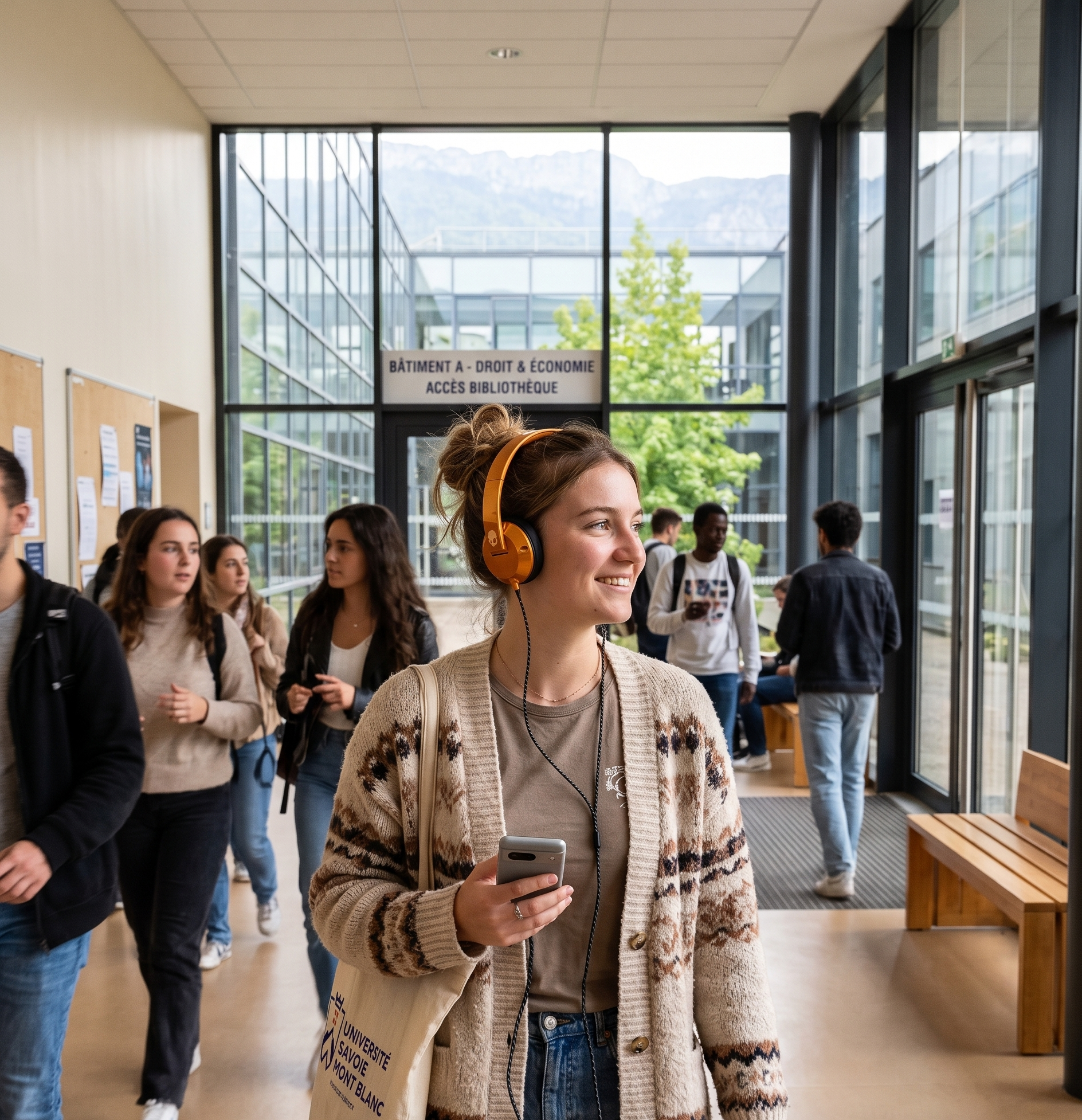 Young woman with headphones smiling in a university hallway with students in the background