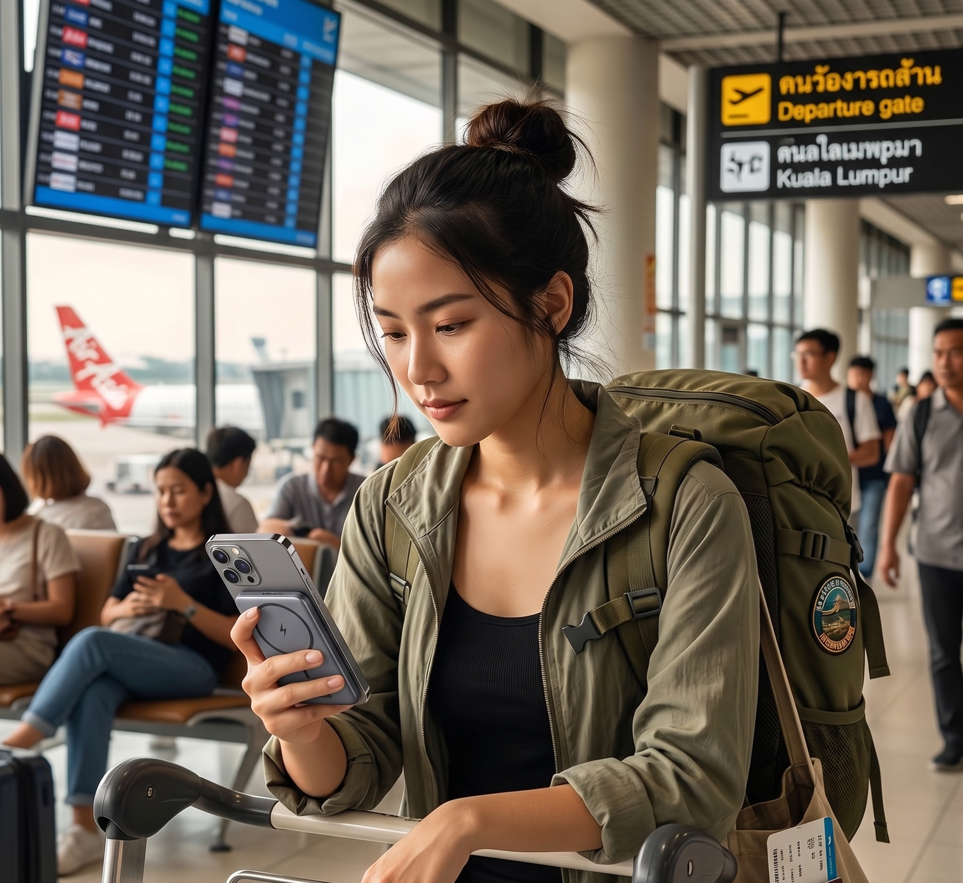 Traveller with backpack using smartphone at airport departure gate
