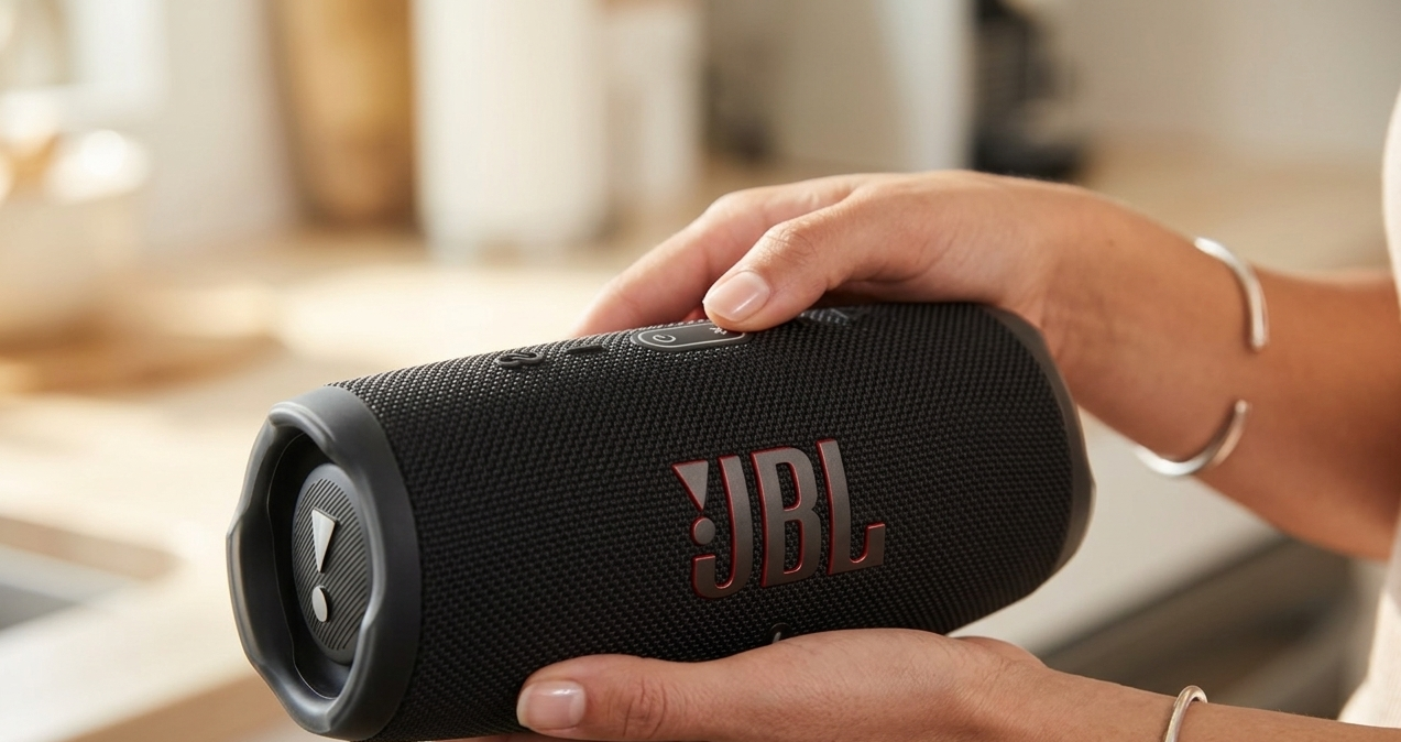 Hands holding a portable JBL Bluetooth speaker in a bright room