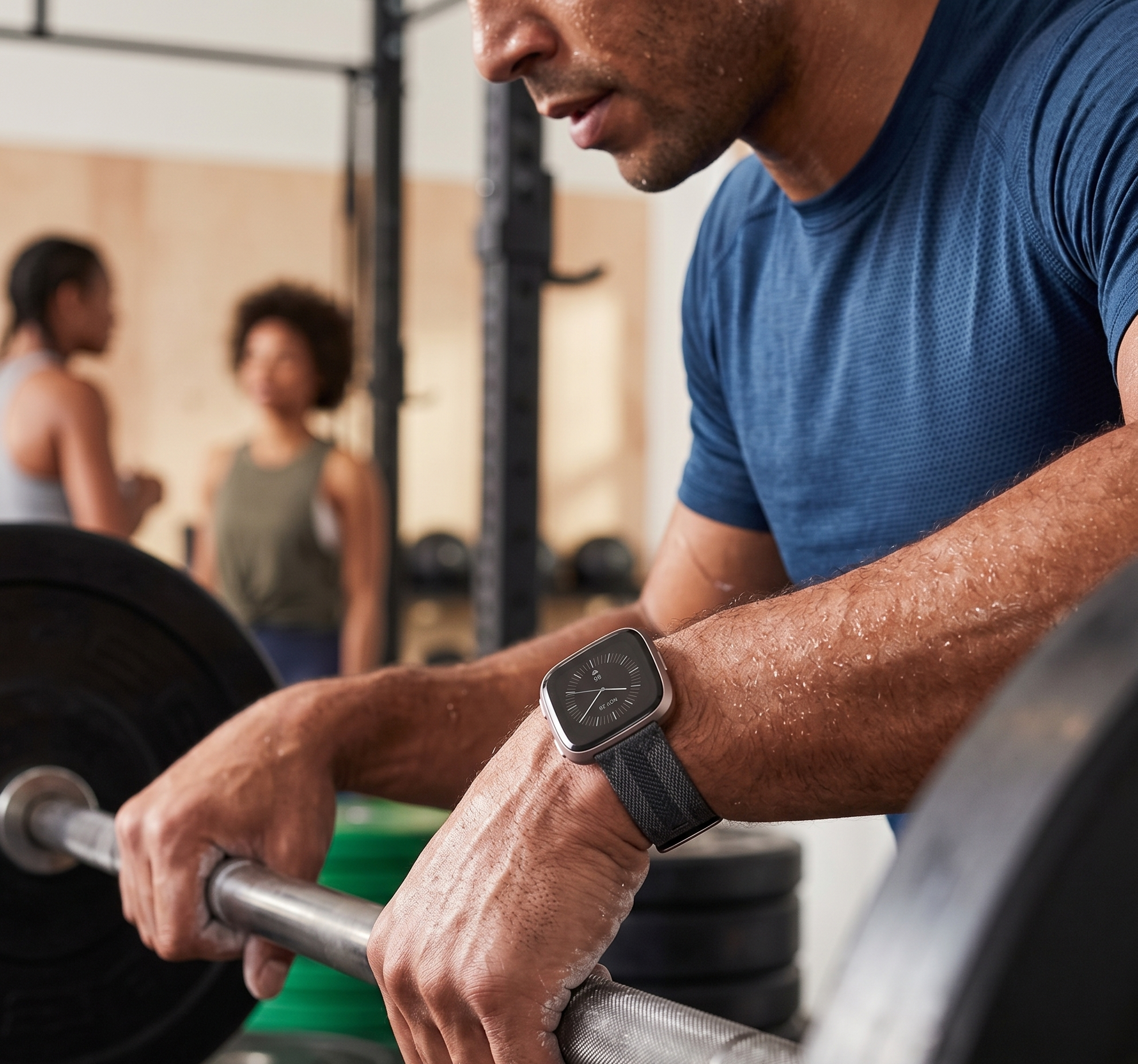 Man lifting weights wearing a smartwatch in gym setting with two women in the background, focus on the workout session