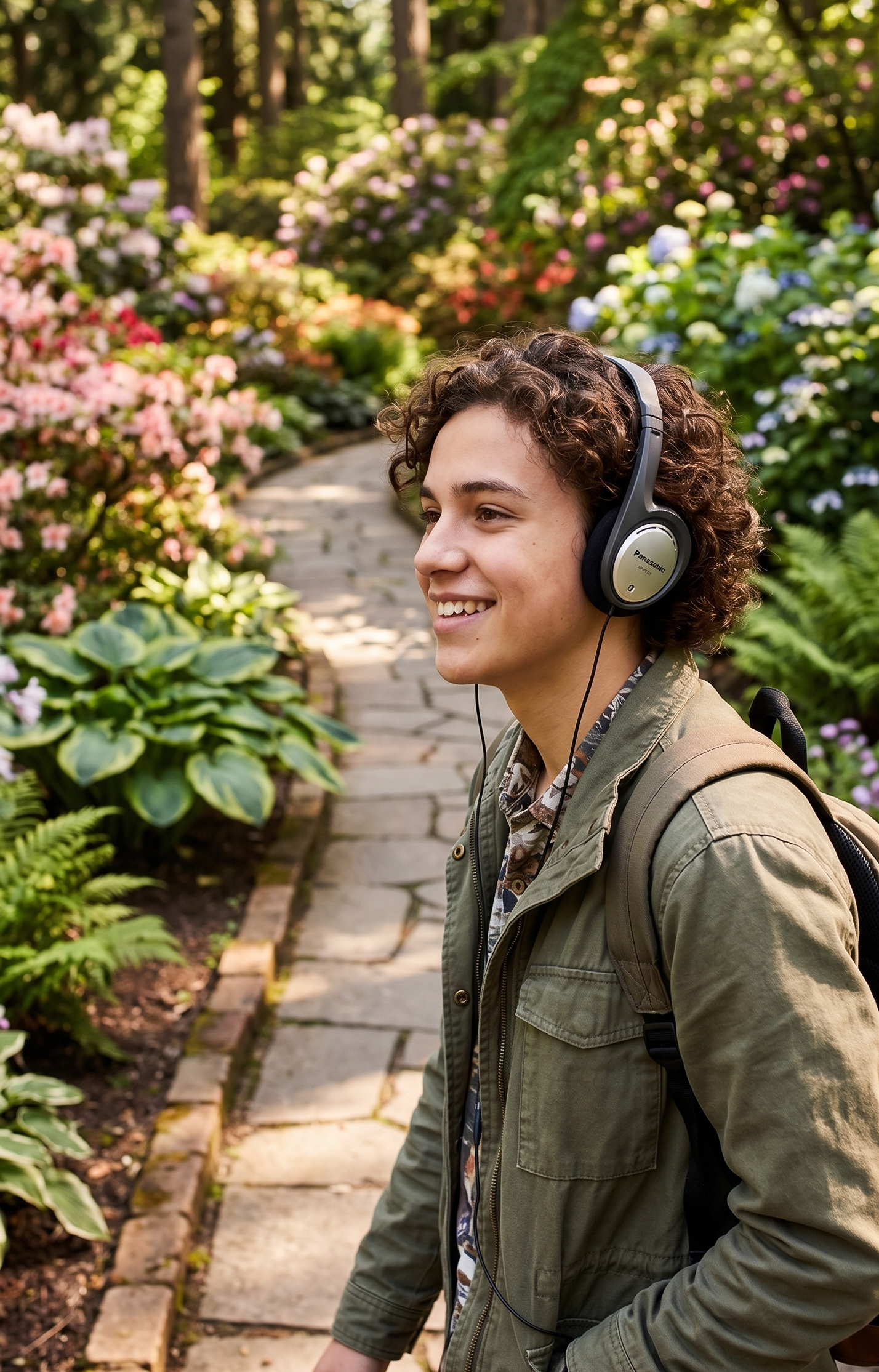 Teenager enjoying music on headphones walking in blooming garden path in sunlight