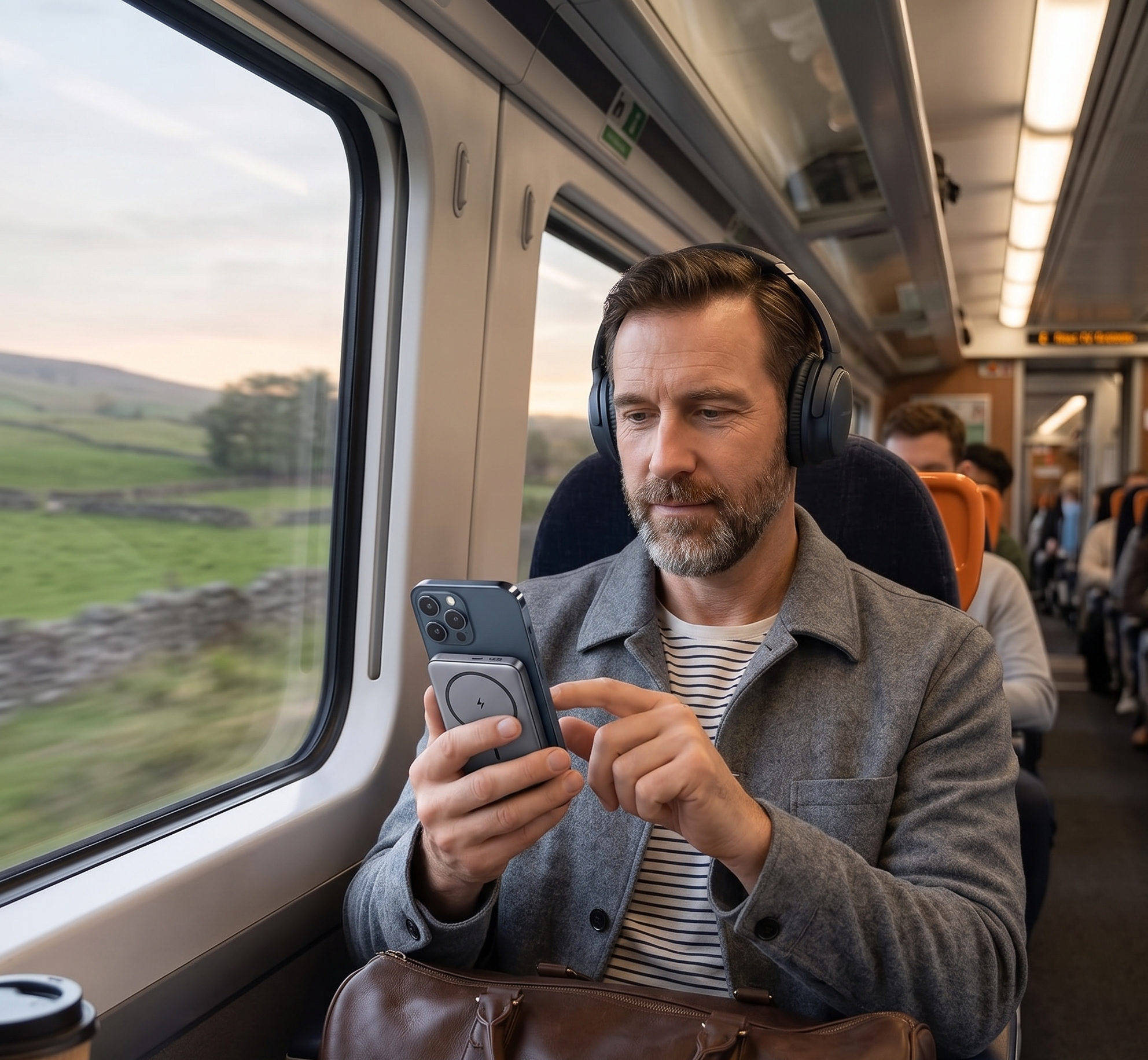 Man on train using smartphone, wearing headphones, scenic countryside view through window