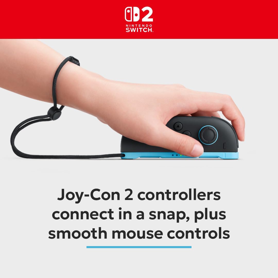 Hand holding Nintendo Switch Joy-Con 2 controller with wrist strap, showcasing smooth mouse controls
