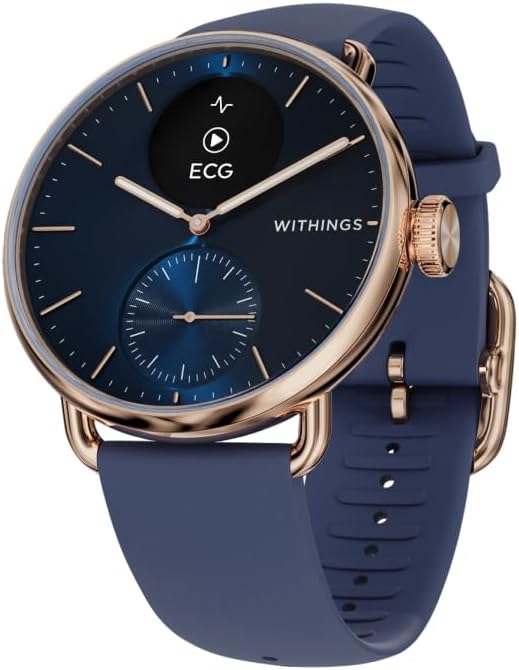 Withings smartwatch with ECG feature, gold and blue design, blue strap, health monitoring technology