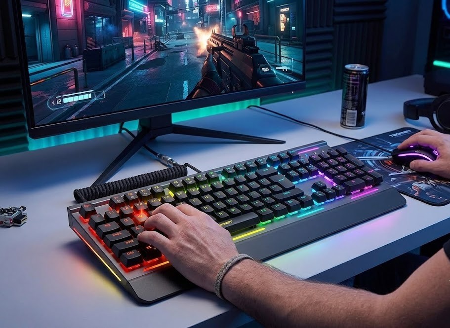 Gamer using RGB keyboard and mouse playing a first-person shooter on a monitor with neon lights in background