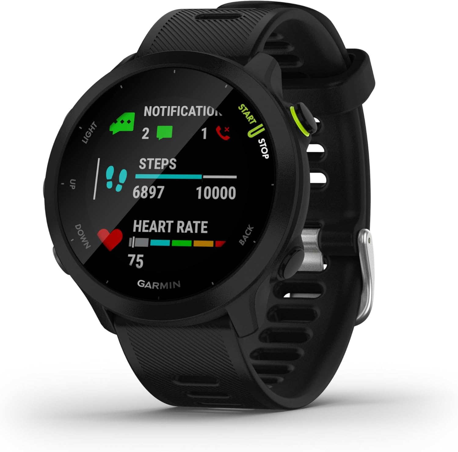 Smartwatch showing notifications, step count of 6897, and heart rate of 75, with black strap and round display