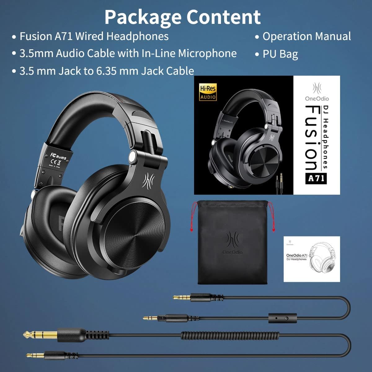 OneOdio Fusion A71 headphones package with cables, PU bag, and manual displayed on blue background