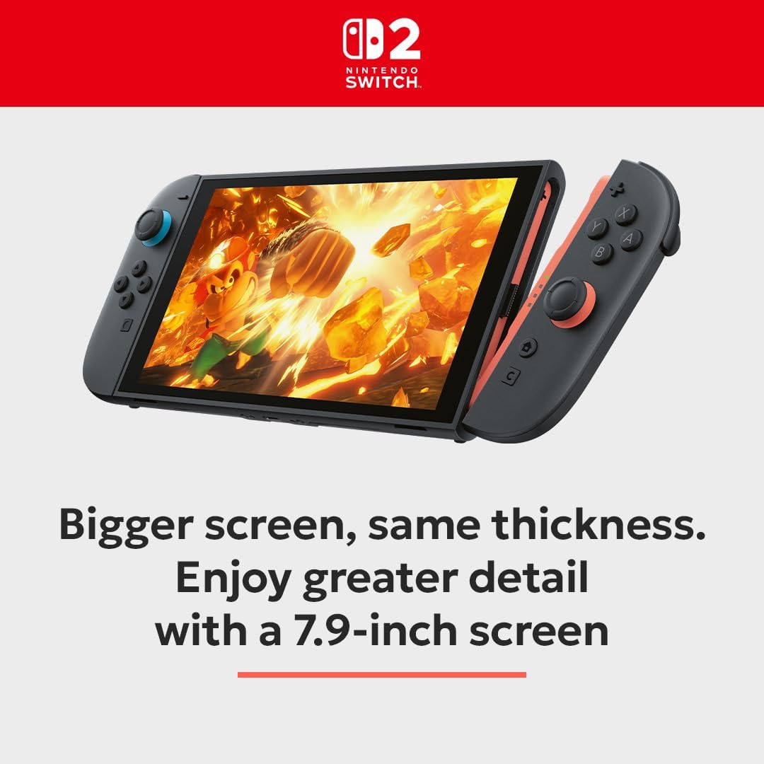 Nintendo Switch 2 with larger screen displaying vibrant game graphics, highlighting 7.9-inch display size for enhanced detail