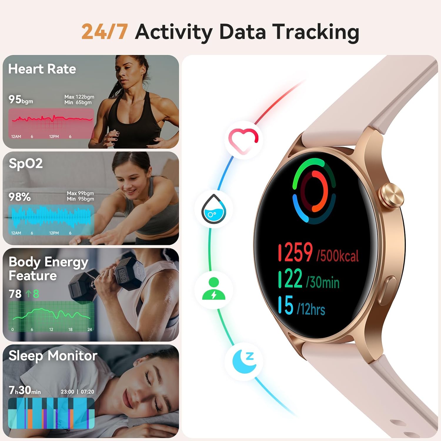 Smartwatch with heart rate, SpO2, body energy, and sleep tracking features for 24/7 activity data
