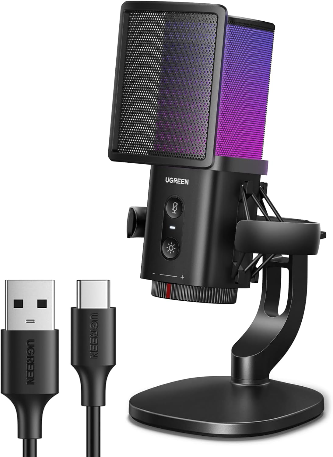 USB microphone with LED lights and adjustable stand for professional audio recording, includes USB-C and USB connectors