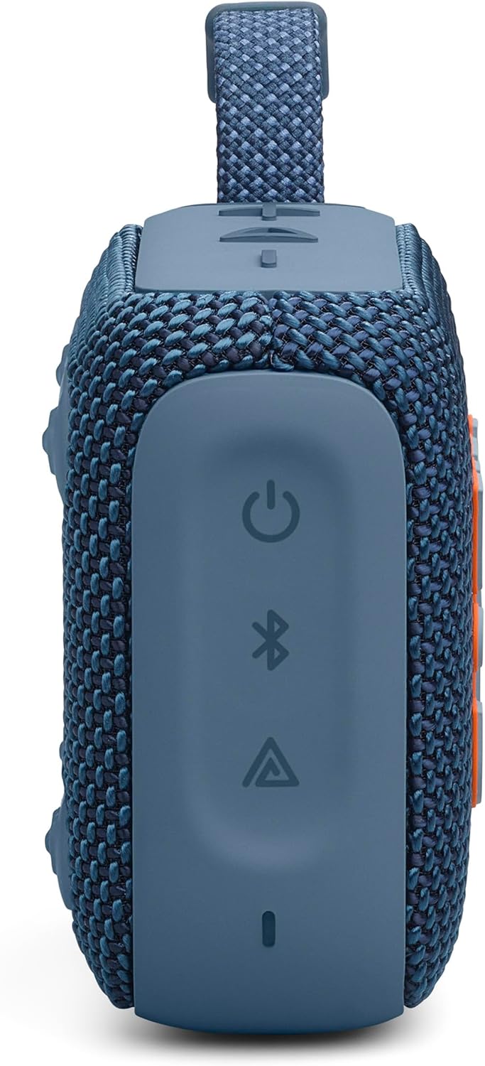 Side view of a blue portable Bluetooth speaker with fabric handle and control buttons
