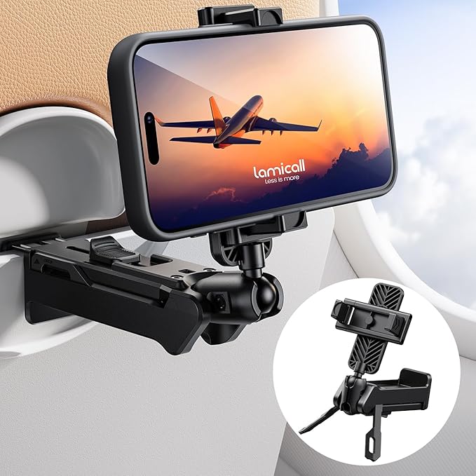 Phone holder mounted on airplane seat displaying an aircraft in flight, ideal for hands-free travel entertainment