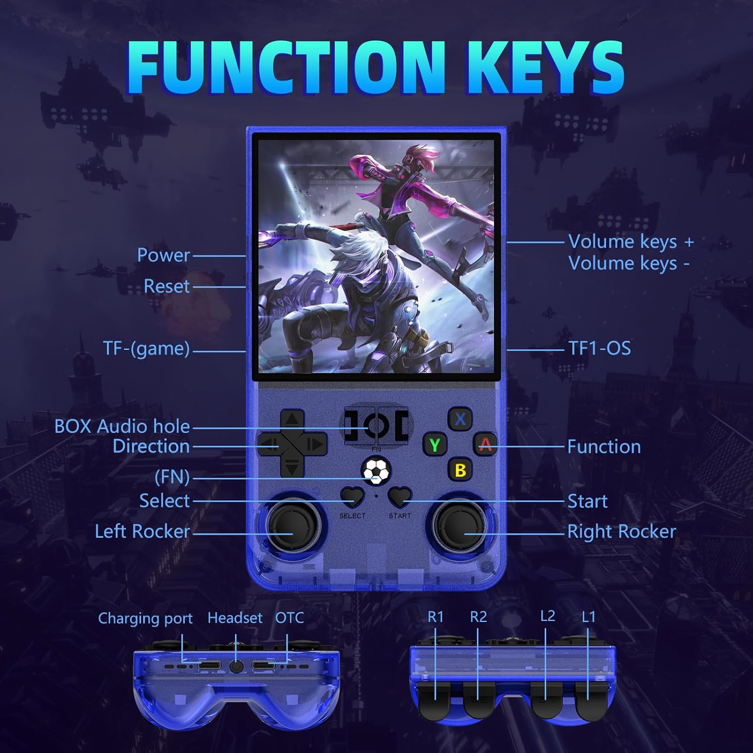 Retro handheld gaming console with function key labels, featuring dual rockers and a vibrant action game on screen
