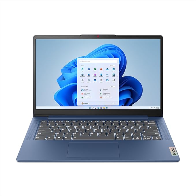 Blue laptop displaying Windows 11 home screen on a light blue background