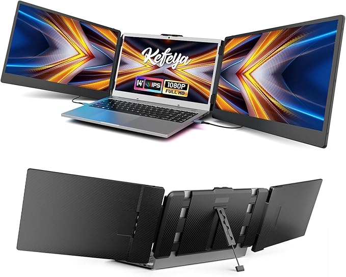 Triple screen laptop setup with vibrant display and adjustable stand for enhanced productivity