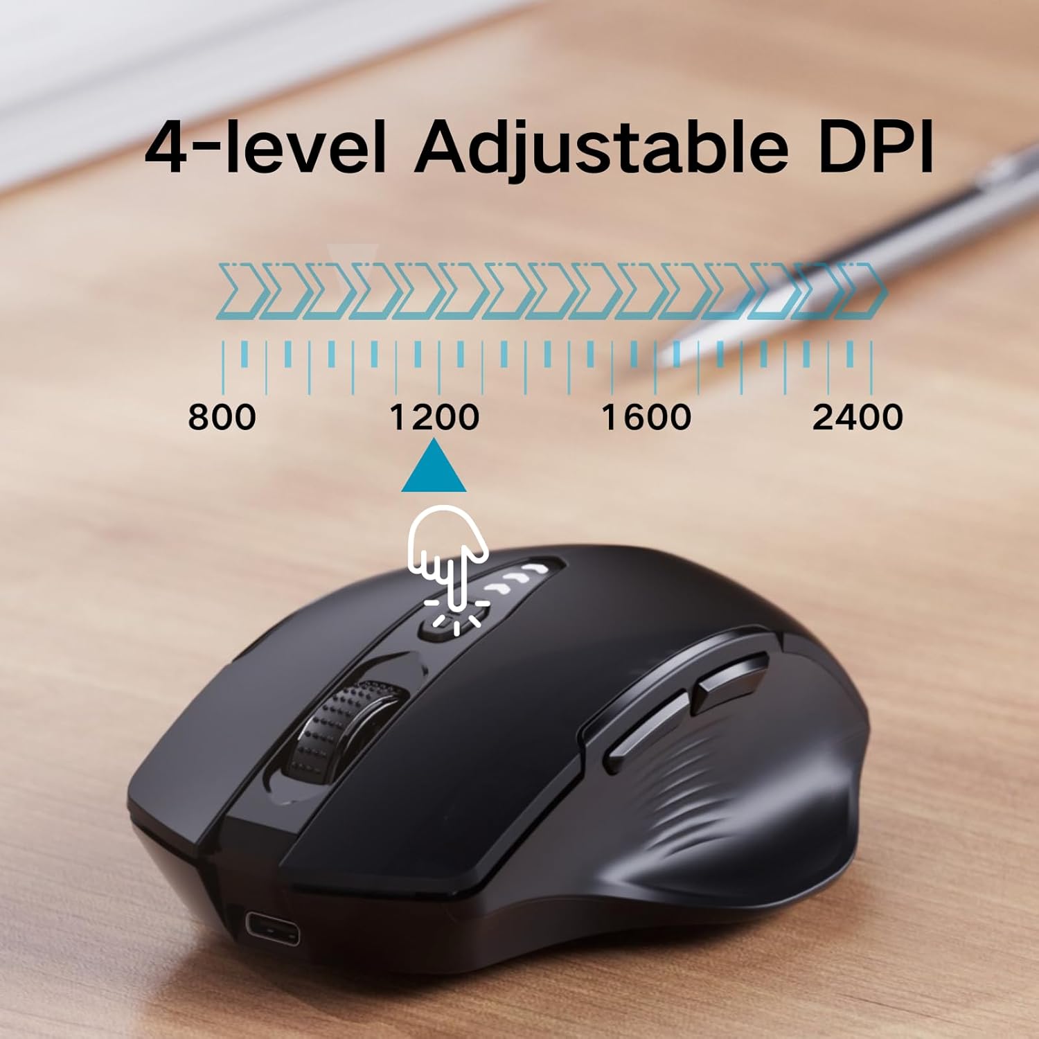Wireless mouse with 4-level adjustable DPI settings displayed: 800, 1200, 1600, 2400 on a wooden desk