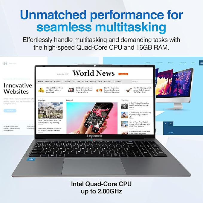 Laptop displaying news site for seamless multitasking with Quad-Core CPU and 16GB RAM, ideal for demanding tasks