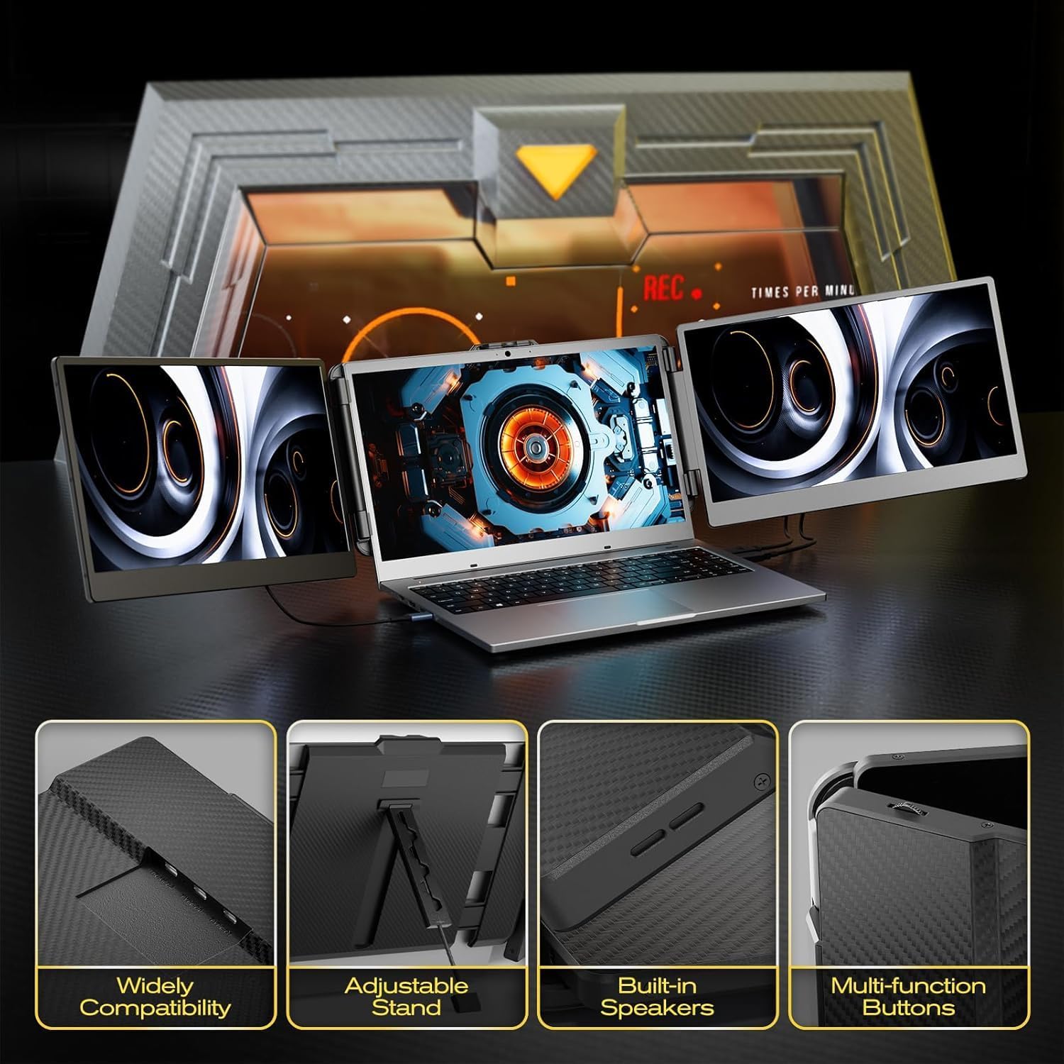 Laptop with triple screen setup, featuring adjustable stands, built-in speakers, and multifunction buttons for versatility