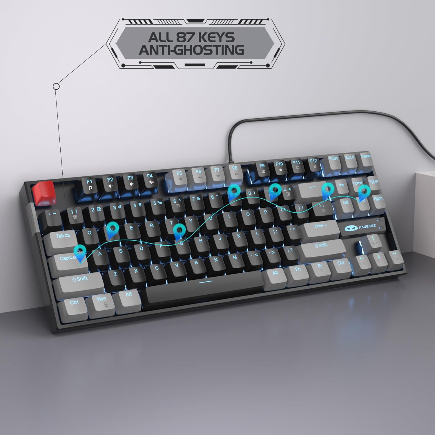 Mechanical keyboard with 87 keys anti-ghosting feature, sleek design, and red escape key
