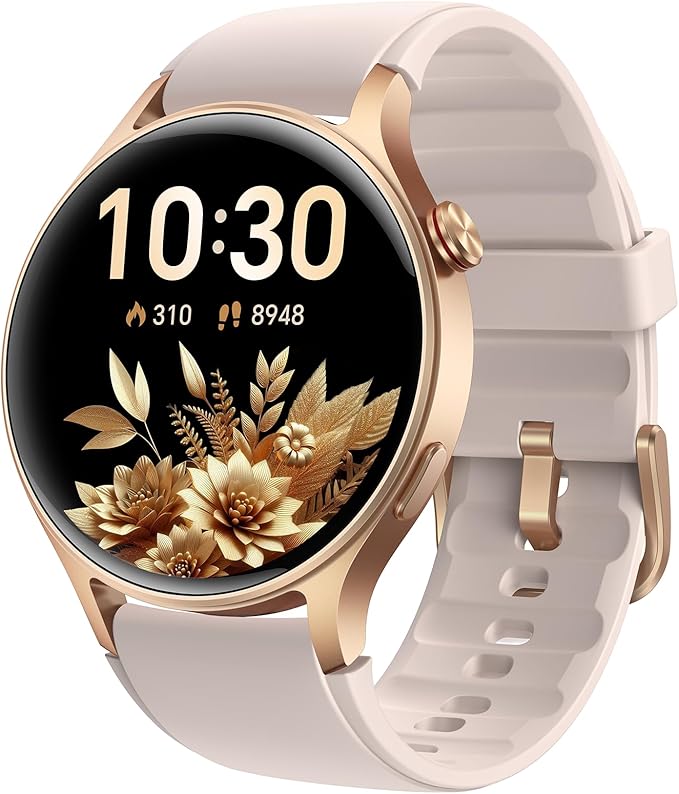 Smartwatch with gold floral watch face, rose gold bezel, and white strap showing time, calories burned, and steps taken