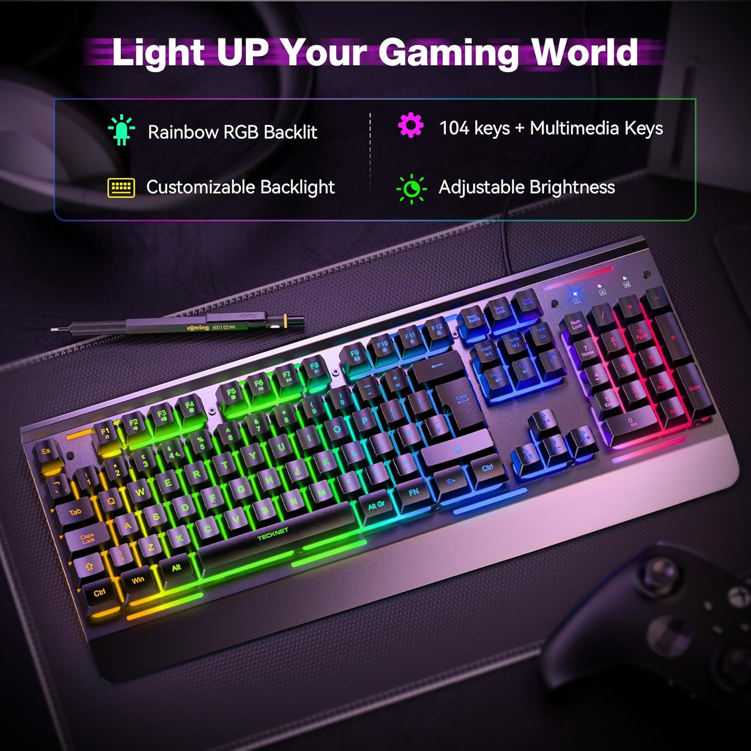 RGB backlit gaming keyboard with customisable lighting and 104 keys for an enhanced gaming experience