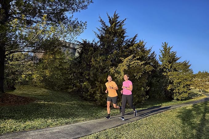 Two people jogging on a sunny path, surrounded by lush greenery and trees
