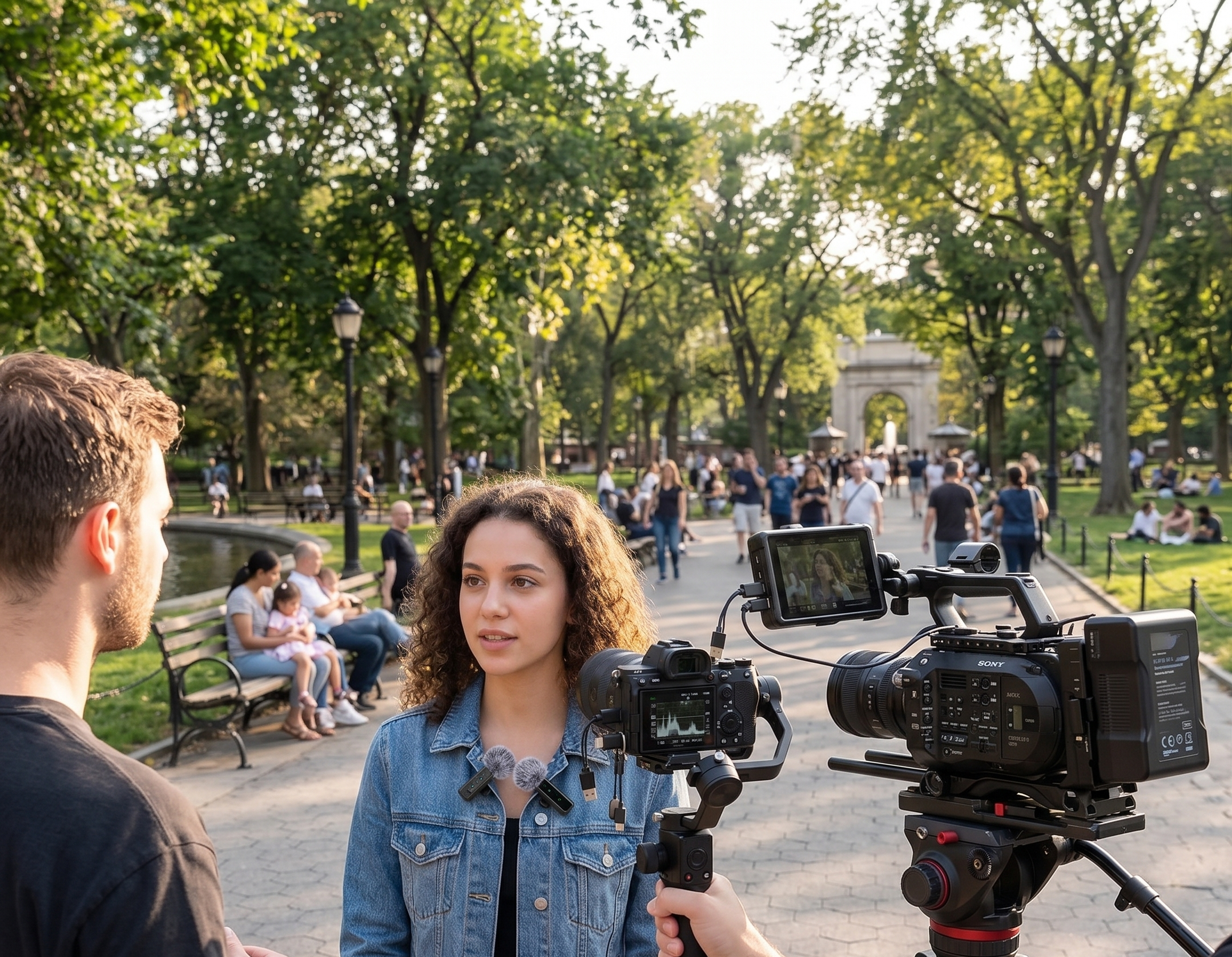 A woman being interviewed in a park with a camera crew, surrounded by trees and people enjoying a sunny day