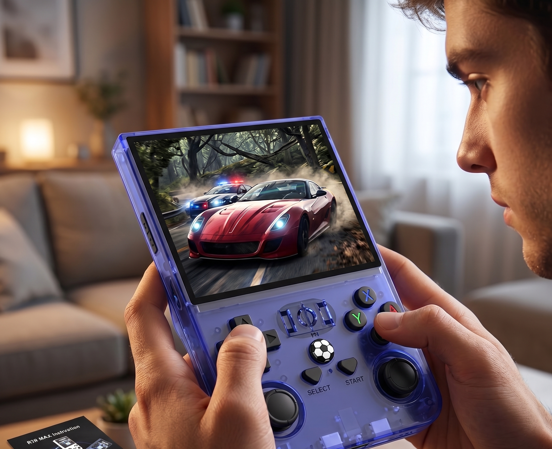 Man playing a racing game on a handheld gaming console in a cosy living room setting
