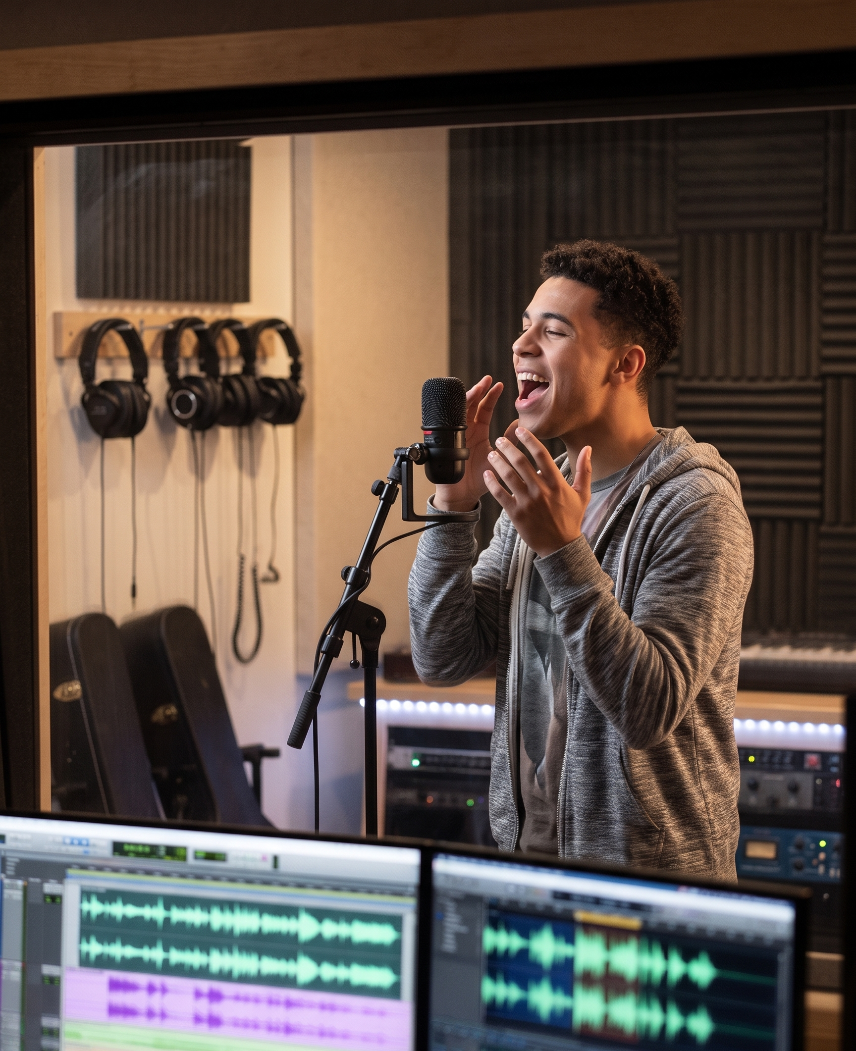 Young man singing passionately in a recording studio with headphones and sound equipment visible