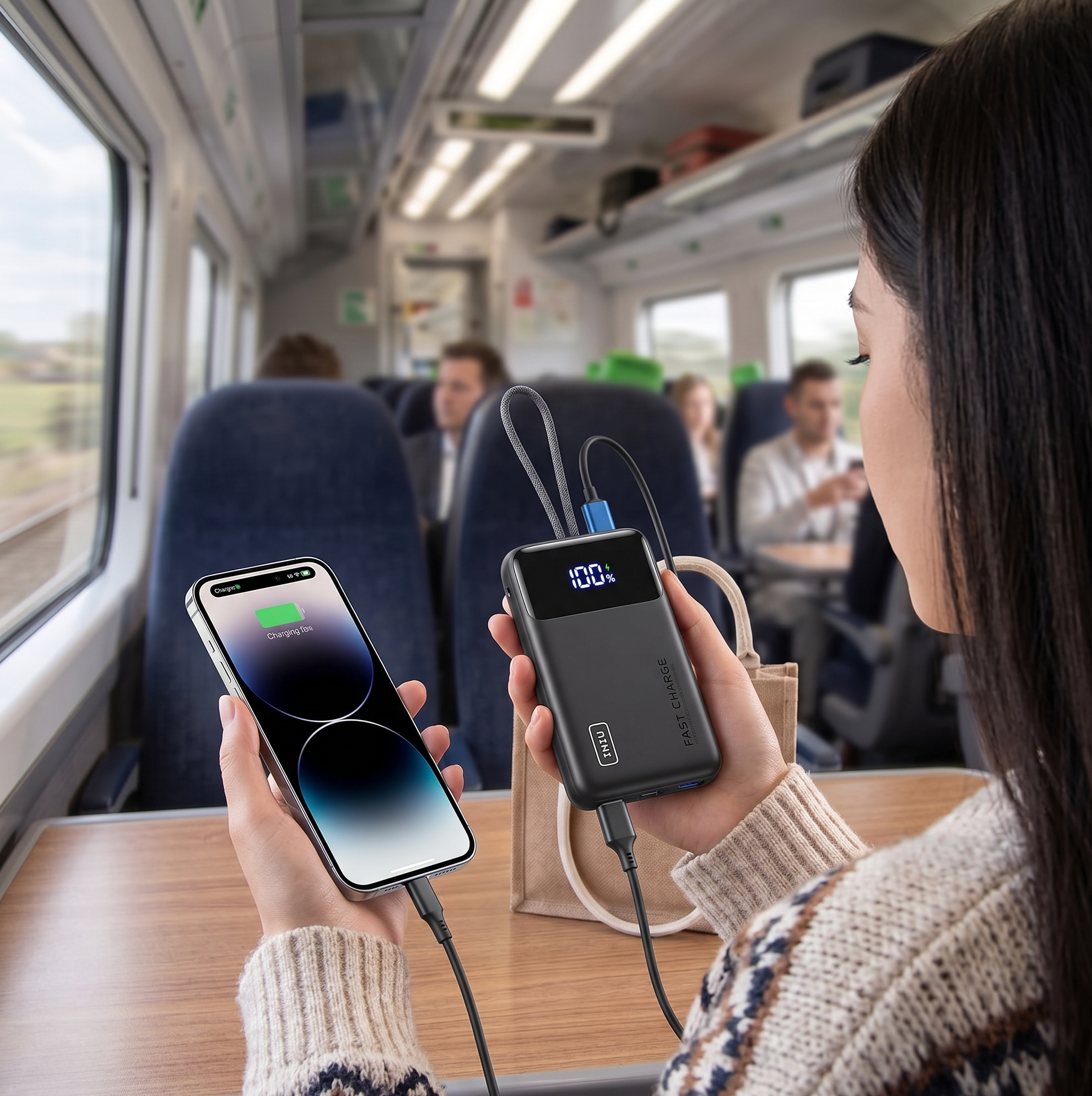 Woman charging phone with power bank on train journey, seated by window, displaying battery status