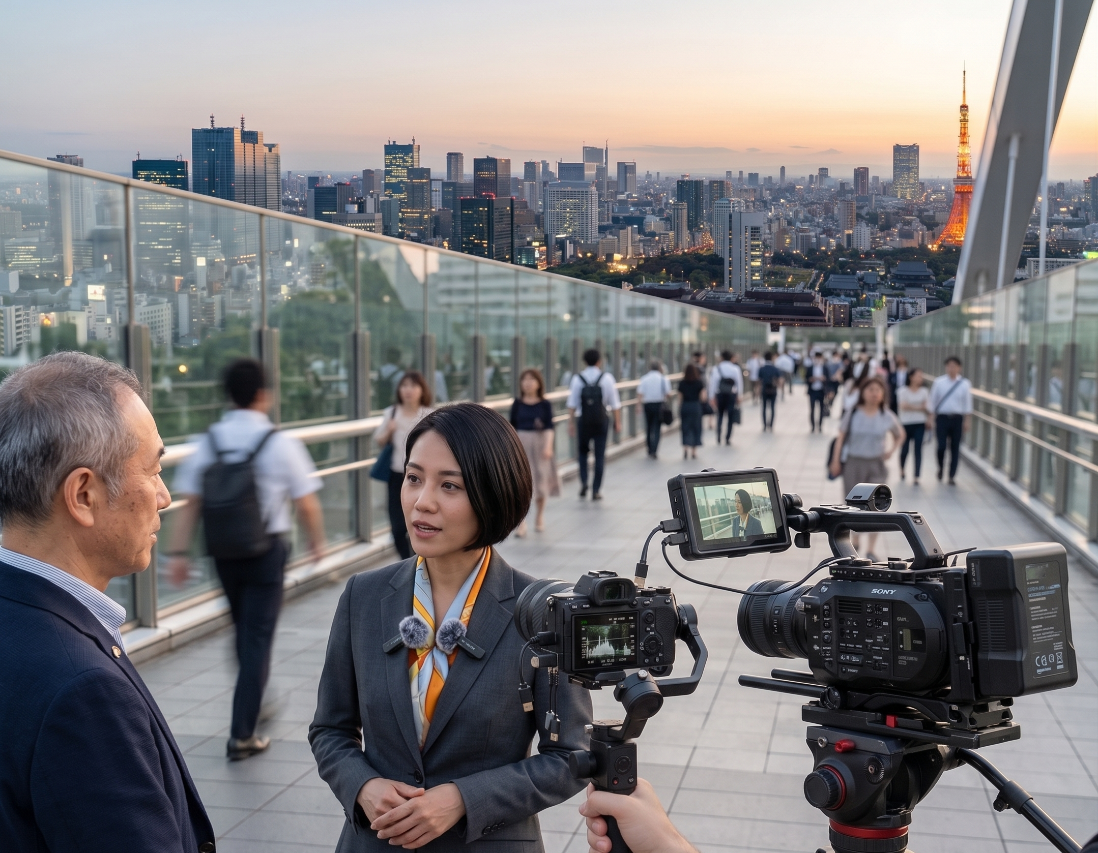News interview on a city walkway with Tokyo skyline at sunset in the background