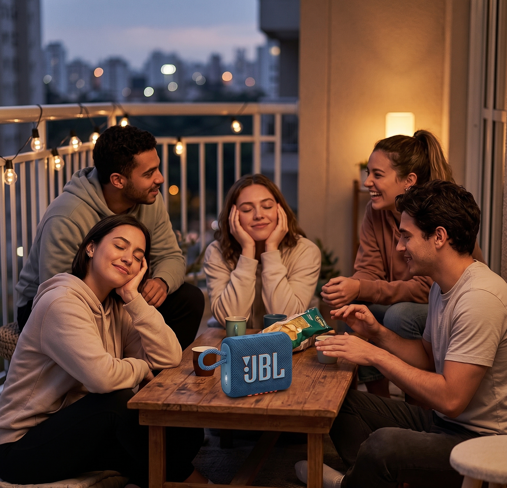 Group of friends on a balcony enjoying music from a JBL speaker, surrounded by warm lights and snacks