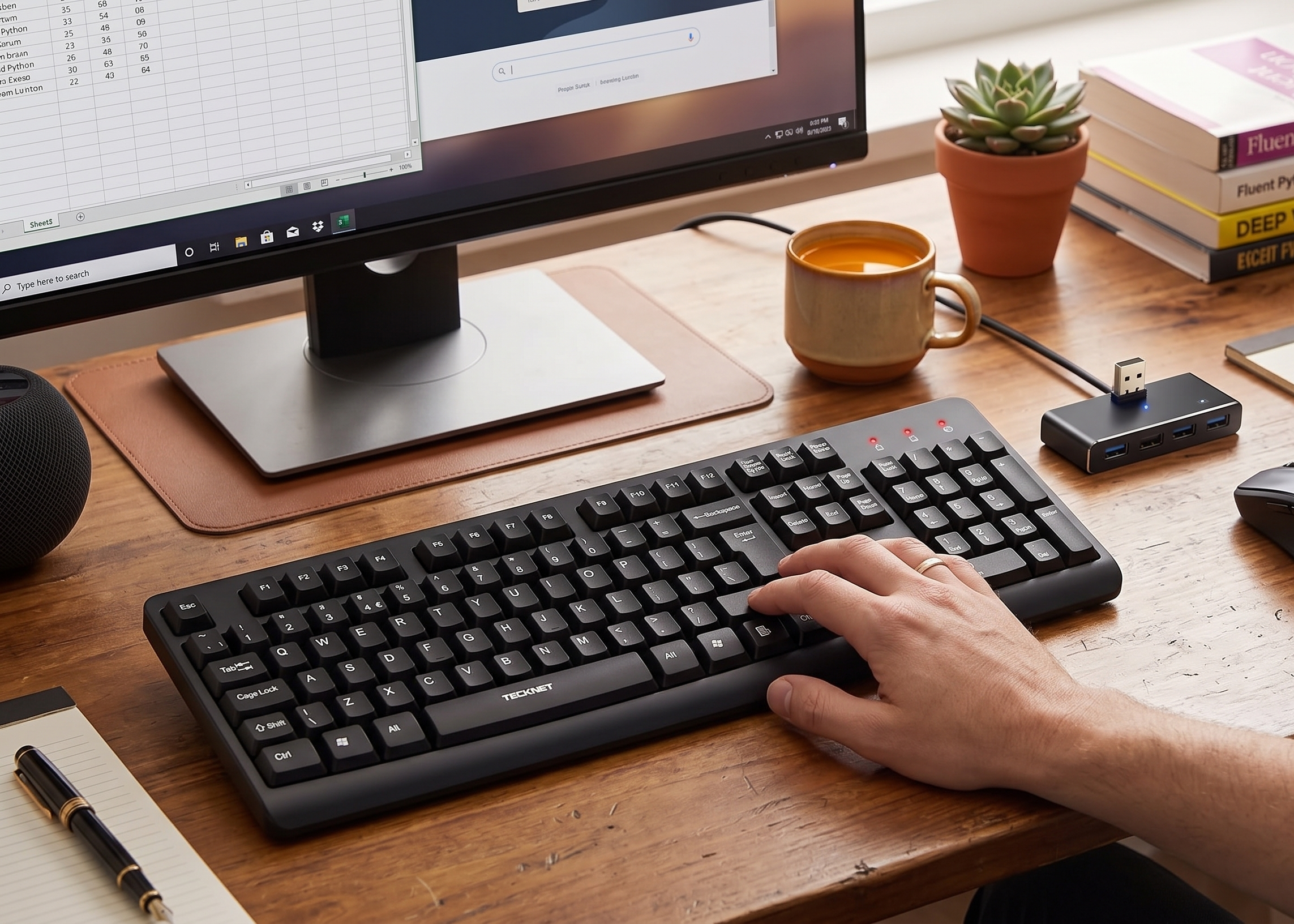 Person typing on a black keyboard at a desk with monitor, coffee and plants