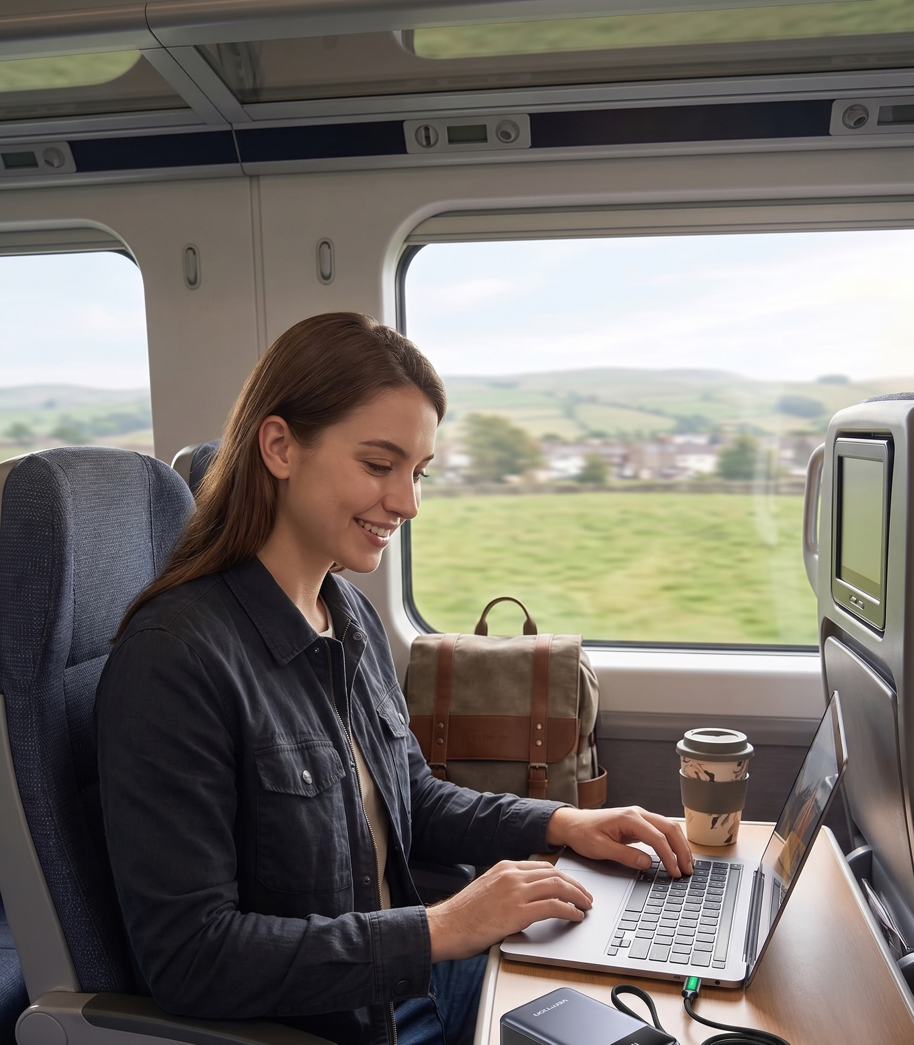 Person working on a laptop on a train with countryside views outside the window, coffee cup and backpack nearby