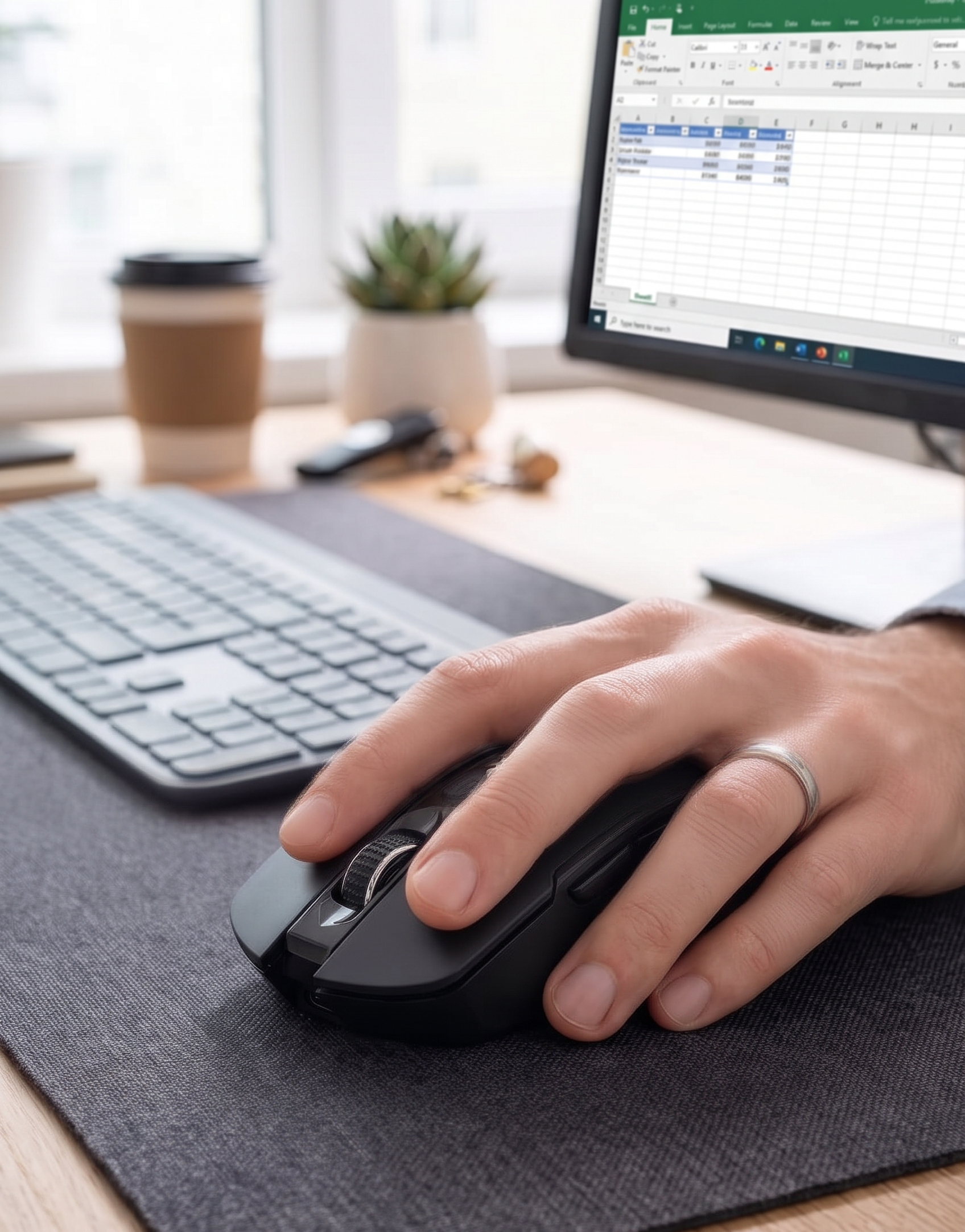 Hand using computer mouse with Excel spreadsheet on monitor, keyboard and coffee cup on desk in office setting