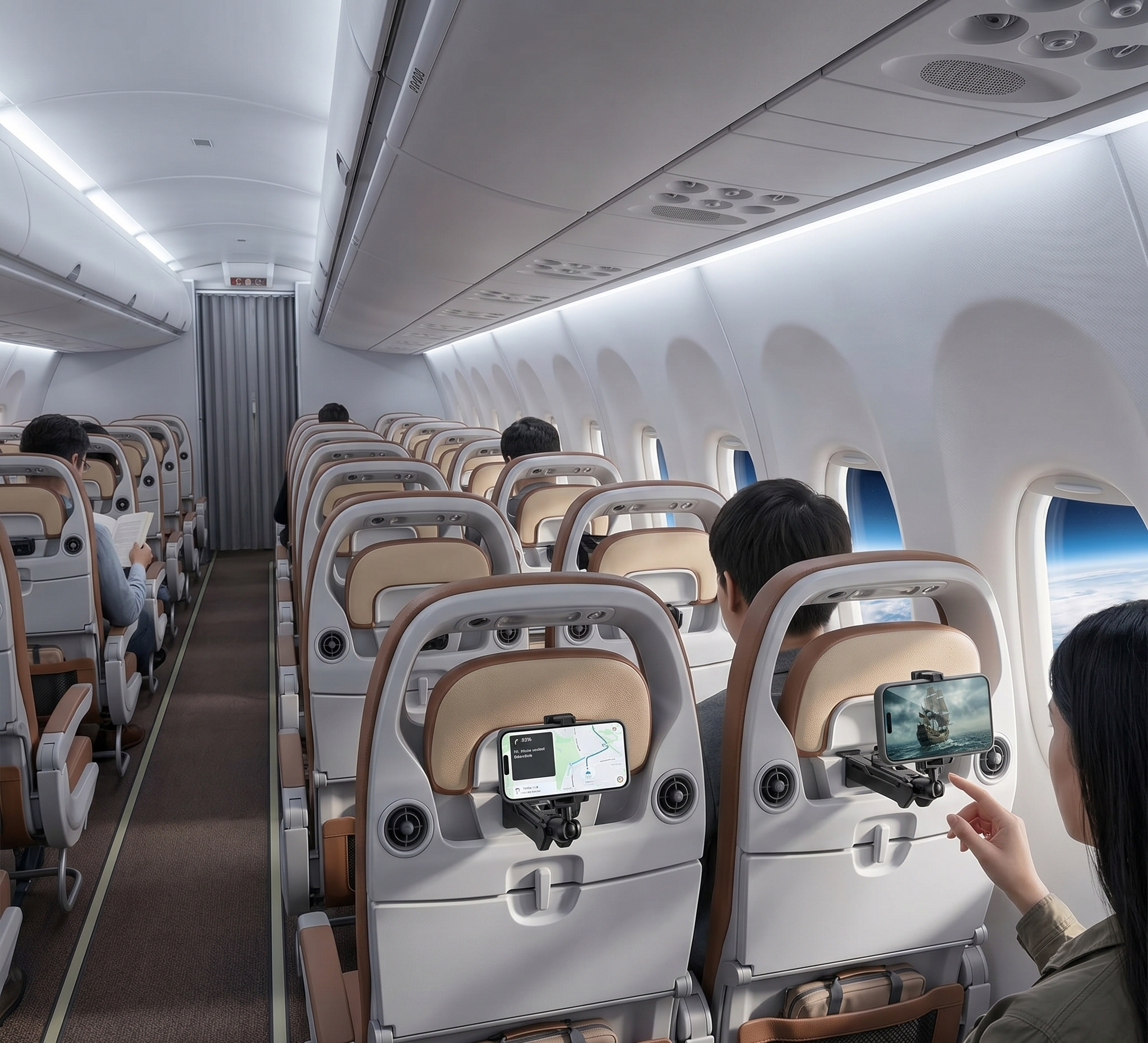 Airline passengers using smartphones on seatback holders during a flight, displaying navigation and a movie