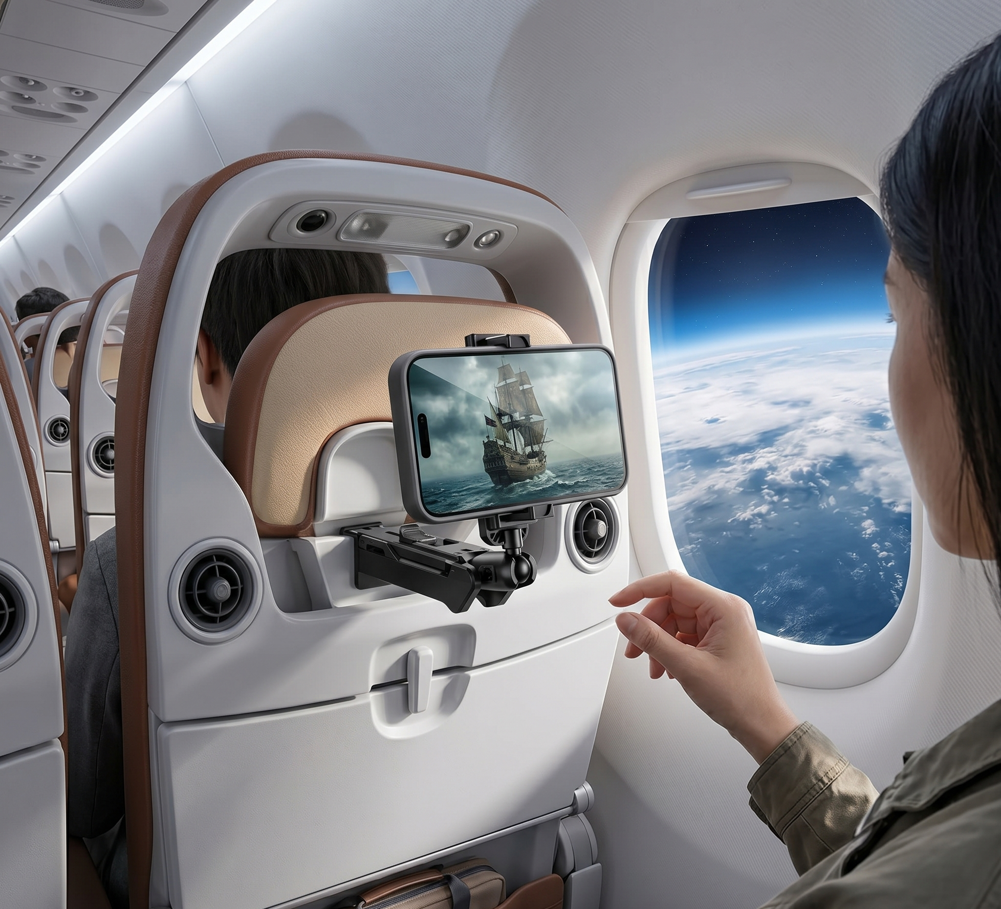 Passenger watches a film on a smartphone holder on an aeroplane, with a view of Earth from the window seat