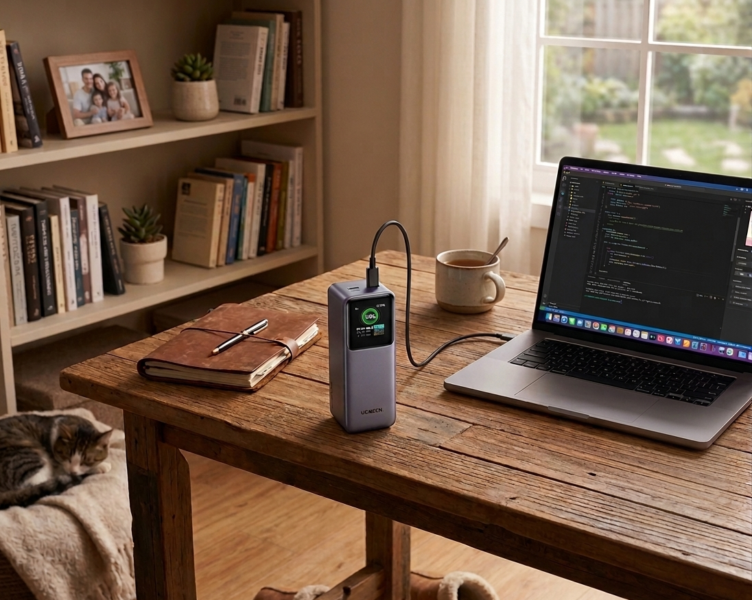 Laptop on wooden desk with coding screen, notebook, coffee, and a charging power bank in a cosy home office setting